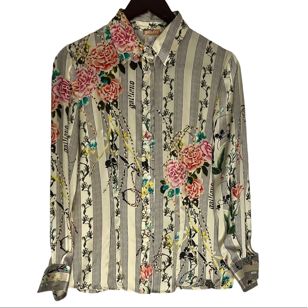 John Galliano Vintage Silk Floral Print Logo Blouse Top Sz 40 RARE